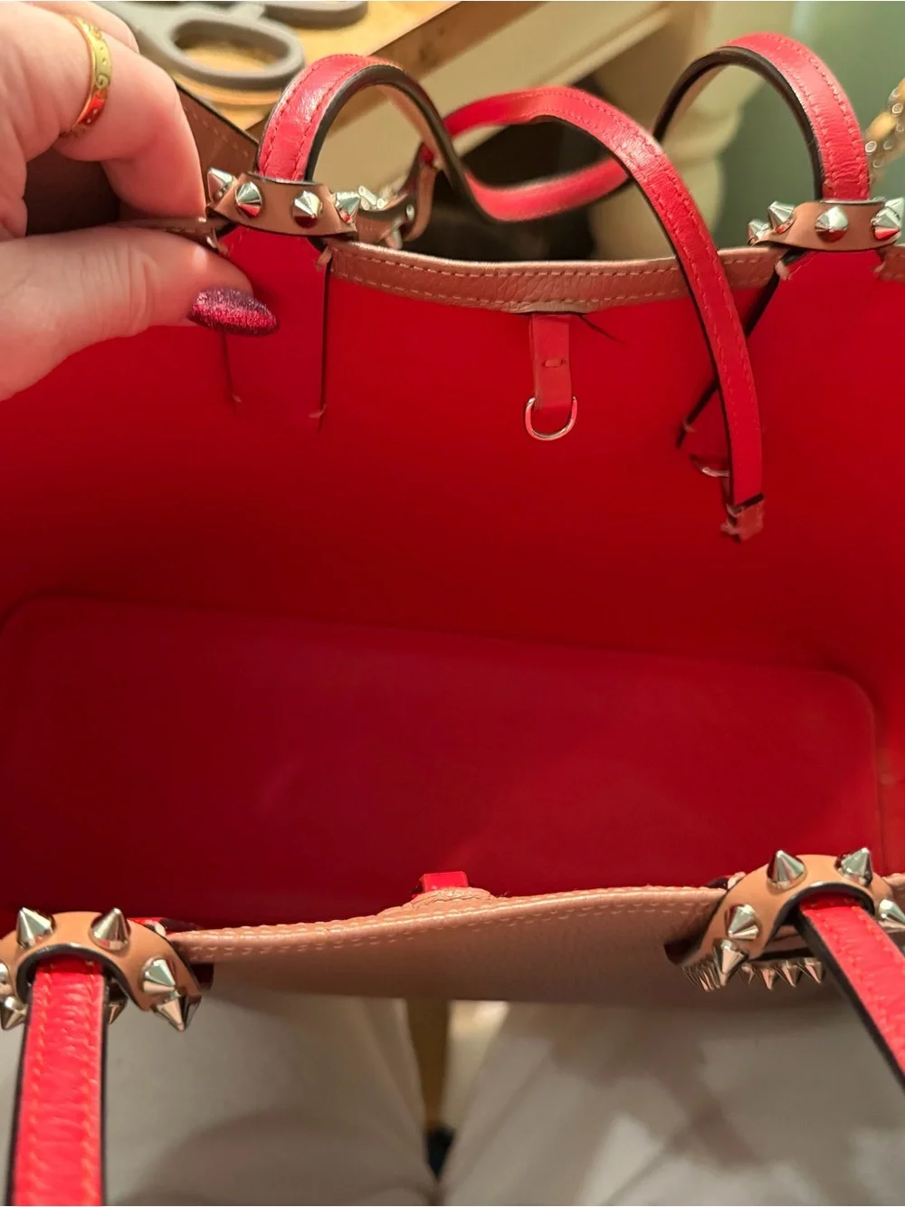 Christian Louboutin Brown Stud-Trim Leather Tote with Red Base - Picture 6 of 10